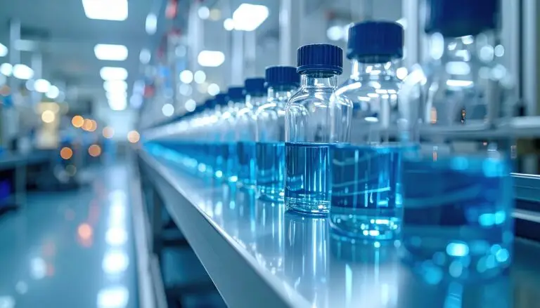 Pharmaceutical vials moving along a production line