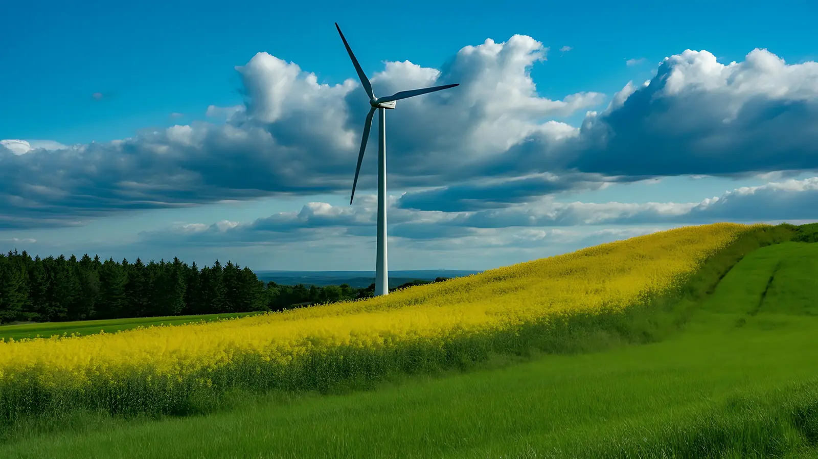 Wind turbine above a flowering rapeseed field under a blue sky